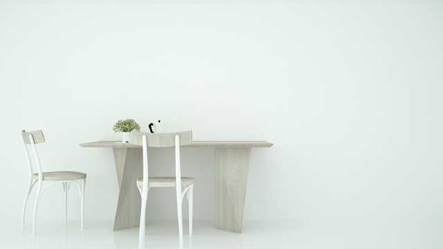 Workplace or dining room in white room and empty space for add artwork. 3D Illustration