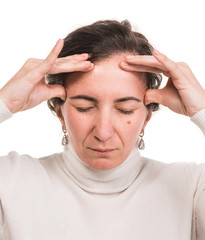 Healthcare, stress and headache concept. Stressedl woman touching temples over white background