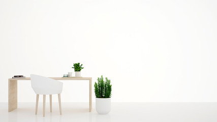 Workplace or dining room in white room and empty space for add artwork. 3D Illustration