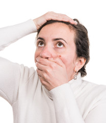 Healthcare, stress and headache concept. Stressedl woman touching temples over white background
