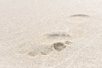 footprint in the sand. the concept of traveling to hot countries and relaxing on the beach.