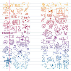 Vector pattern with pirate icons. Adventure, birthday party.