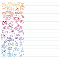 Vector pattern with pirate icons. Adventure, birthday party.