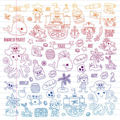 Vector pattern with pirate icons. Adventure, birthday party.