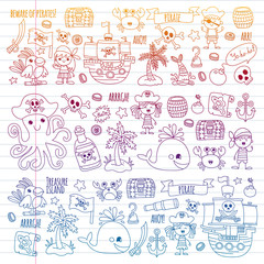 Obraz premium Vector pattern with pirate icons. Adventure, birthday party.