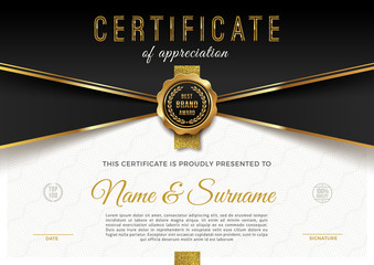 Certificate template with guilloche pattern qnd luxury golden elements. Diploma template design. Vector illustration.