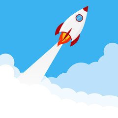 Naklejka na ściany i meble Startup business project, rocket flying above clouds. Vector illustration.