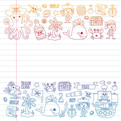 Vector pattern with pirate icons. Adventure, birthday party.