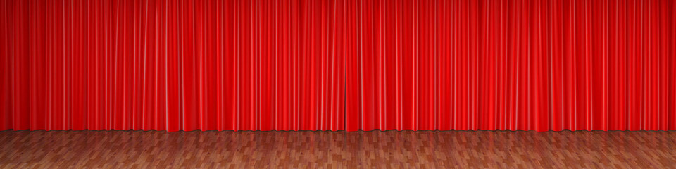 Theater stage with red curtains.