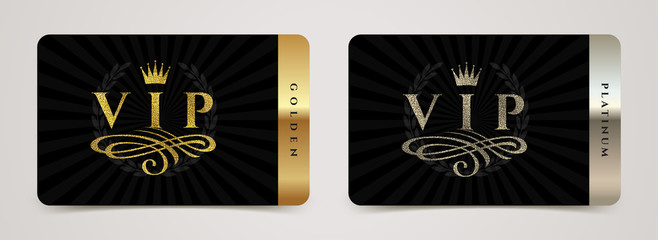 Golden and platinum VIP card template - type design with crown, flourishes element and laurel wreath on a black background. Vector illustration.