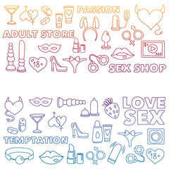 Vector set with sex shop icons. Erotic fetish games background.