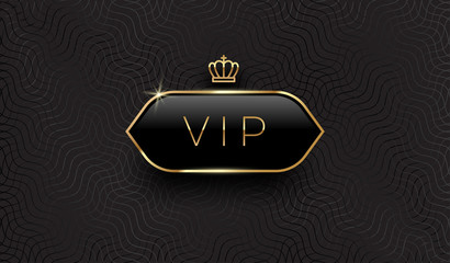 Vip black glass label with golden crown and frame on a black pattern background. Premium design. Luxury template design. Vector illustration. - obrazy, fototapety, plakaty
