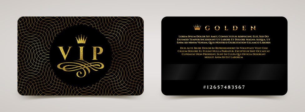 Golden VIP card template - type design with crown, and flourishes element on a guilloche background. Vector illustration.