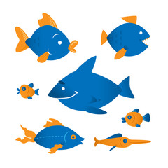 Funny fish vector characters. Marine life vector collection design. Colorful coral reef tropical fish collection isolated on white background.