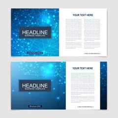 Scientific templates square brochure, magazine, leaflet , flyer, cover, booklet, annual report. Scientific concept for medical, technology, chemistry. Structure molecule and communication. Dna, atom.