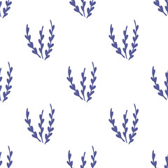 Branches of bush seamless hand drawn vector pattern. Blue silhouette of branch isolated on white background