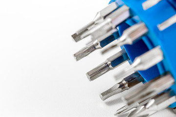 Set of heads for screwdriver bits Tools collection copy space, close up, selective focus