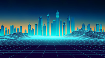 Retro background futuristic landscape 1980s style. Futuristic skyscraper city. Digital landscape cyber surface. Synth wave music album cover template : city, space, mountains . 80s Retro Sci-Fi