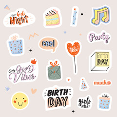 Happy birthday kids set with cute Holiday Party elements; gift box, ballon, cake, candle, hat. Isolated. White background. Vector. Good for decoration children's party