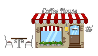 Obraz premium Isolated cozy coffee house with a red-white roof and a floral balcony. Summer dining area - table and chairs outside