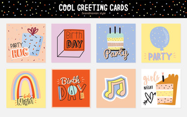 Happy birthday kids set with cute Holiday Party elements; gift box, ballon, cake, candle, hat. Isolated. White background. Vector. Good for decoration children's party