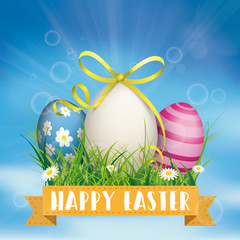 Blue Sky Happy Easter Eggs Ribbon Grass