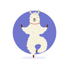Cute cartoon llama practicing yoga pose. Animal yoga. Relaxation and meditation illustration.