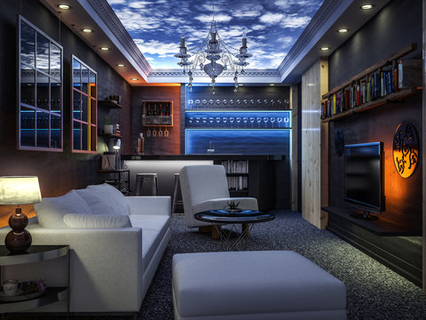 Wohnzimmer mit vielen Lichtern bei Nacht
