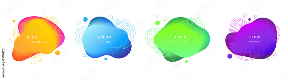 Poster Set of isolated bright yellow, gradient blue, green and violet fluid blobs. Abstract geometric liquid stain or brush stain with dynamic color. Free shapes for flyer template. Modern graphic background