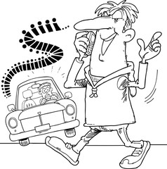 The man telephones and crosses the street