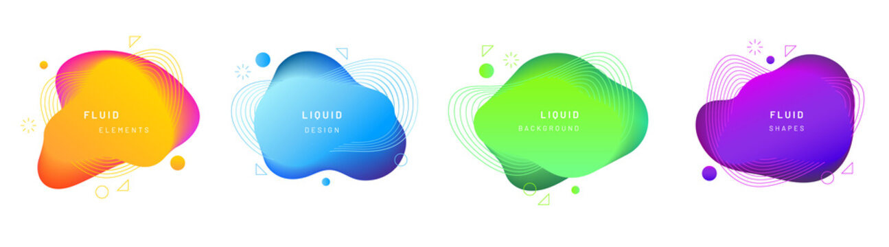 Set of isolated bright yellow, gradient blue, green and violet fluid blobs. Abstract geometric liquid stain or brush stain with dynamic color. Free shapes for flyer template. Modern graphic background