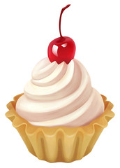 Photorealistic illustration of a delicious cake with cream and cherry on top, isolated on a white background