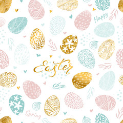 Happy Easter seamless patter. Easter eggs. Gentle pastel colors. Light pink, light green and gold. Hand drawing illustration.