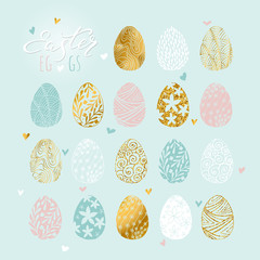 Happy Easter set of Eggs collection. Gentle pastel colors. Light pink, light green and gold. Hand drawing illustration.