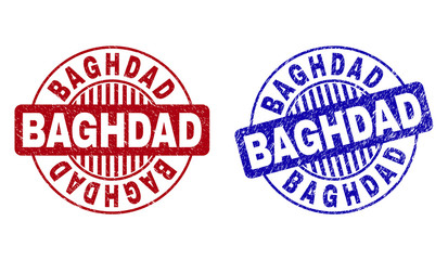 Grunge BAGHDAD round stamp seals isolated on a white background. Round seals with grunge texture in red and blue colors. Vector rubber imitation of BAGHDAD label inside circle form with stripes.