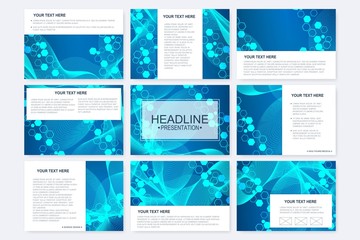 Big set of vector templates for presentation slides. Modern graphic background structure molecule and communication. Scientific pattern atom DNA. Medical, science, chemistry design.
