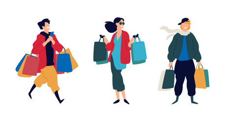 Illustration of people with purchases. Men and women who bought goods. Discounts and sales in retail networks. Flat cartoon style. Black Friday. Shopping on the Internet. Order and delivery.