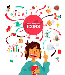 A set of icons on the theme of business processes. A bright cartoon character with infographics. A man with a tablet and a pencil. Fashionable bright illustration. Graphs and tables, statistics.