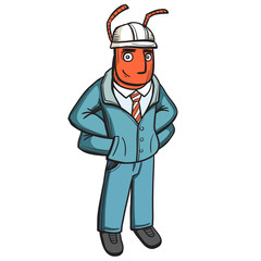 Anthropomorphous humanized ant builder foreman. Hand drawn painted character, vector
