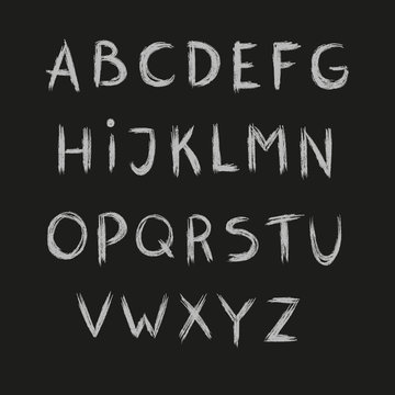 Hand drawn chalk alphabet, white letters on black background, vector.
