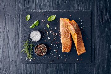 baked salmon fillet with aromatic herbs, salt
