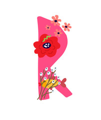 Illustration of the letter R in plants and flowers. Monogram for banner, greeting card. Composition of bouquets and plants, herbarium. Cartoon style. The image of summer and spring. 