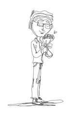 Continuous lines, men standing holding a bouquet of flowers