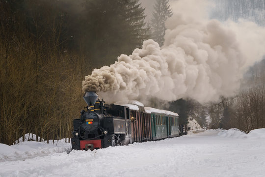 Narrow gauge steam train in the snow