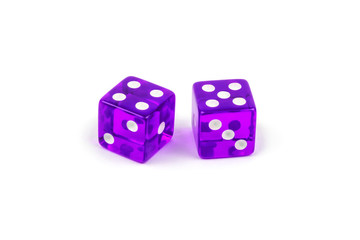 Two purple glass dice isolated on white background. Four and five.