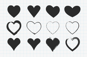 Black hand drawn hearts set. Valentines day icons. Signs isolated on white grid paper. Love concept stickers. Vector illustration