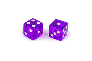 Two purple glass dice isolated on white background. Four and one.
