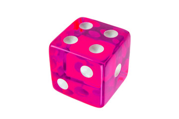 Plastic Pink glass game dice closeup isolated on white. One, two, four.