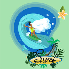 Surfer girl riding the sea waves vector image