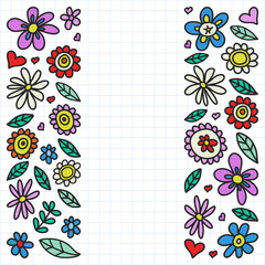 Vector set of child drawing flowers icons in doodle style. Painted, colorful, on a sheet of checkered paper on a white background